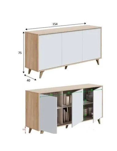 Casablanca White And Oak Effect 3 Door Wide Sideboard, 3216