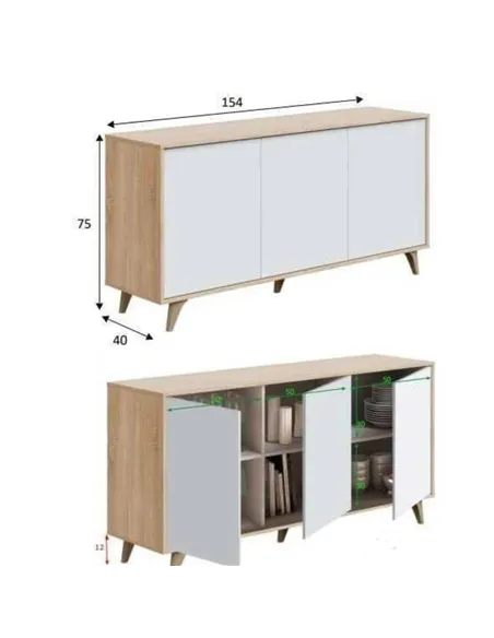 Casablanca White And Oak Effect 3 Door Wide Sideboard, 3216
