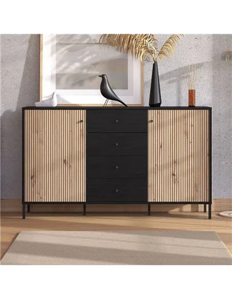 Clifton Slatted Artisan Oak Effect And Black Sideboard, 3423