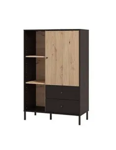 Clifton Slatted Artisan Oak Effect Black Low Display Cabinet, 3444