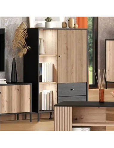 Clifton Slatted Artisan Oak Effect Black Low Display Cabinet, 3444