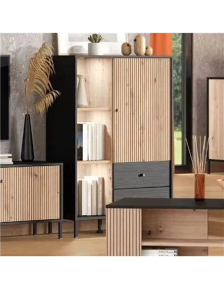Clifton Slatted Artisan Oak Effect Black Low Display Cabinet, 3444
