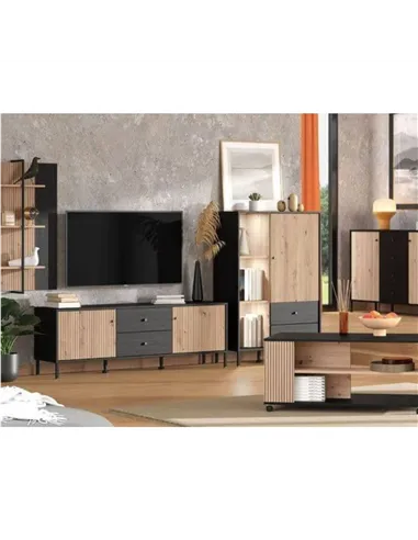 Clifton Slatted Artisan Oak Effect Black Low Display Cabinet, 3444