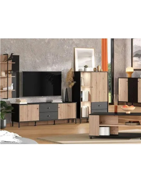 Clifton Slatted Artisan Oak Effect Black Low Display Cabinet, 3444