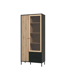 Clifton Slatted Artisan Oak Effect And Black 2 Door Display Cabinet, 3436