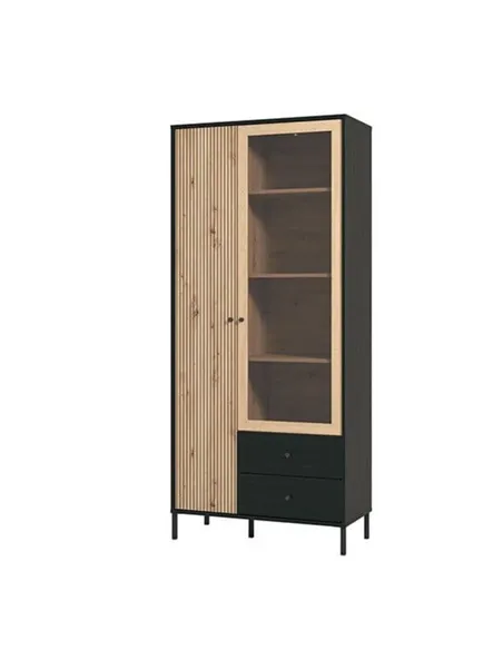 Clifton Slatted Artisan Oak Effect And Black 2 Door Display Cabinet, 3436
