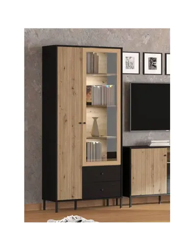Clifton Slatted Artisan Oak Effect And Black 2 Door Display Cabinet, 3436