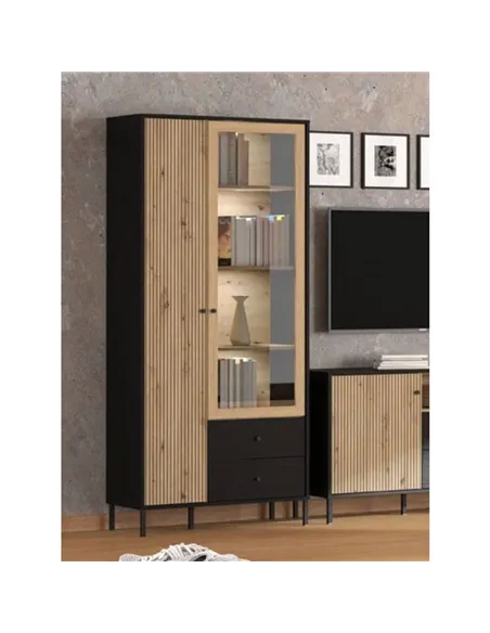 Clifton Slatted Artisan Oak Effect And Black 2 Door Display Cabinet, 3436