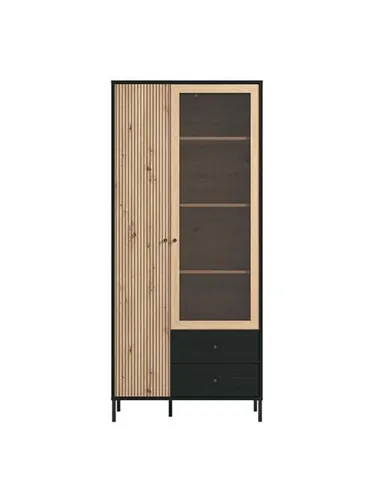 Clifton Slatted Artisan Oak Effect And Black 2 Door Display Cabinet, 3436