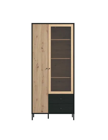 Clifton Slatted Artisan Oak Effect And Black 2 Door Display Cabinet, 3436