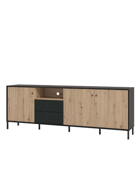 Clifton Slatted Artisan Oak Effect And Black TV Unit, 3437