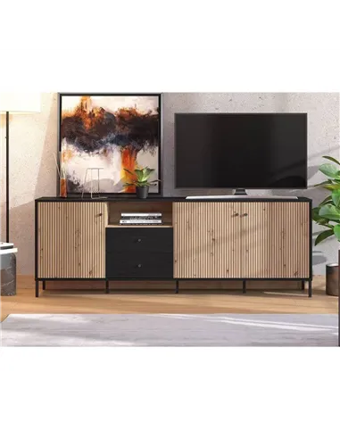 Clifton Slatted Artisan Oak Effect And Black TV Unit, 3437
