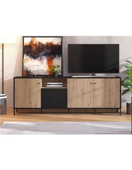 Clifton Slatted Artisan Oak Effect And Black TV Unit, 3437