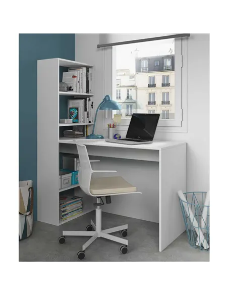 Double Matt White Computer Desk Table with Bookcase, 2564