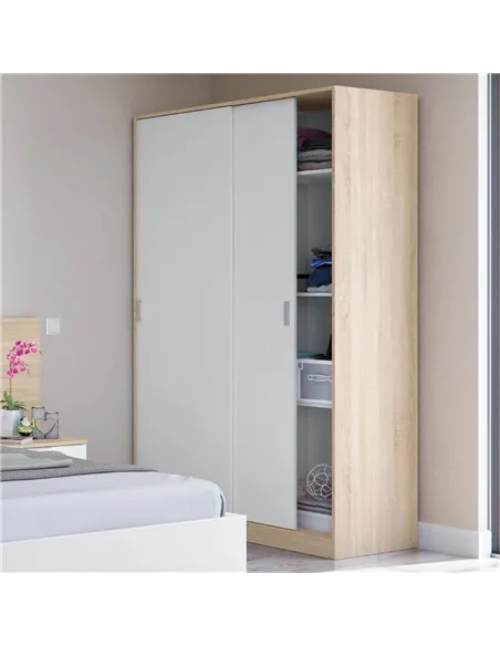 Durham Artic White and Oak Effect Small 120cm Wide Sliding 2 Door Wardrobe, 3208