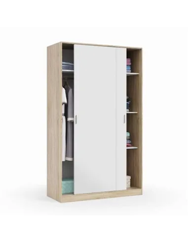 Durham Artic White and Oak Effect Small 120cm Wide Sliding 2 Door Wardrobe, 3208