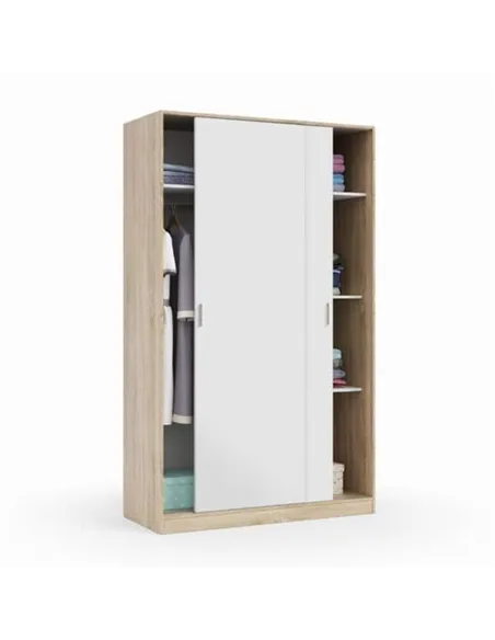 Durham Artic White and Oak Effect Small 120cm Wide Sliding 2 Door Wardrobe, 3208
