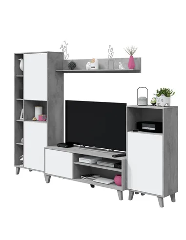Eriksen White And Concrete Grey Effect Large TV Entertainment Wall Unit Cabinet, 3218