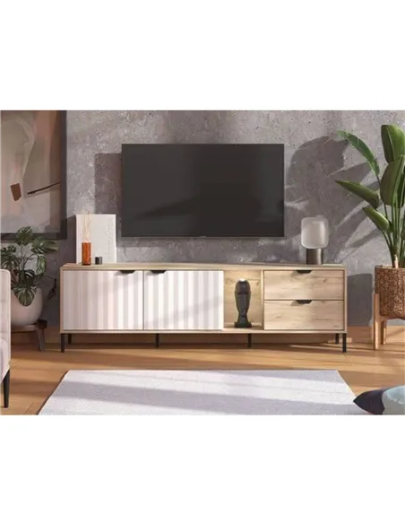 Evandria Vandea Grey Oak Effect Cashmere Slatted TV Unit Cabinet, 3446