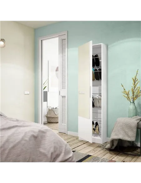 Giovanni Artic White Tall Shoe Cabinet 1 Mirrored Door 14-16 Pairs, 3228