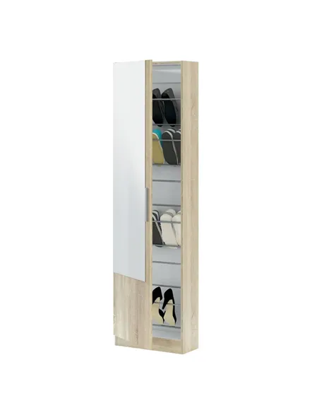 Giovanni Oak Effect Tall Shoe Cabinet 1 Mirrored Door 14-16 Pairs, 3237