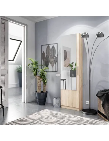 Giovanni Oak Effect Tall Shoe Cabinet 1 Mirrored Door 14-16 Pairs, 3237