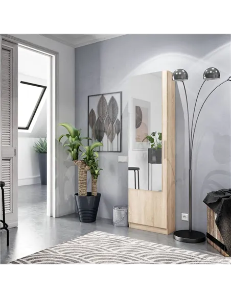 Giovanni Oak Effect Tall Shoe Cabinet 1 Mirrored Door 14-16 Pairs, 3237