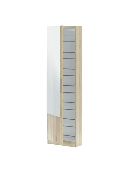 Giovanni Oak Effect Tall Shoe Cabinet 1 Mirrored Door 14-16 Pairs, 3237