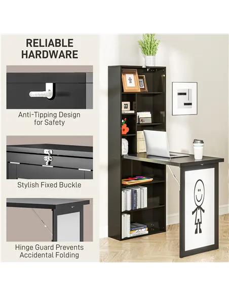HOMCOM Three-Part Work Desk, with Storage and Writing Board - Black