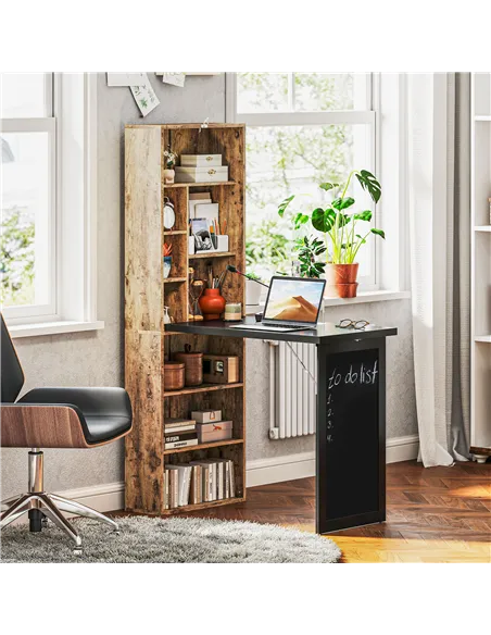 HOMCOM Folding Desk with Blackboard Multi-function Computer Office Workstation Side Shelf for Home Office, Rustic Brown