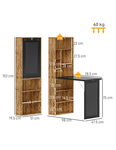 HOMCOM Folding Desk with Blackboard Multi-function Computer Office Workstation Side Shelf for Home Office, Rustic Brown