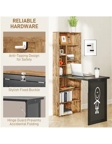 HOMCOM Folding Desk with Blackboard Multi-function Computer Office Workstation Side Shelf for Home Office, Rustic Brown