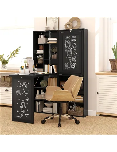 HOMCOM Three-Part Work Desk, with Storage and Chalkboard - Black