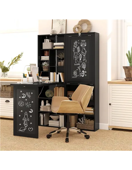 HOMCOM Three-Part Work Desk, with Storage and Chalkboard - Black