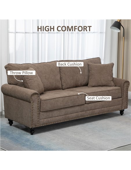 HOMCOM 3 Seater Sofa, Fabric Couch with Rubber Wood Legs, 3 Seater Settee with Extra Padded Cushions and Pillows for Living Room