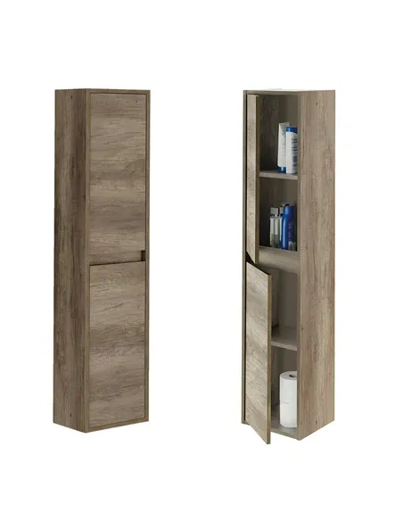 Mario Nordic Oak Effect Tall 2 Door Wall Mounted Floating Bathroom Storage Cupboard, 3259