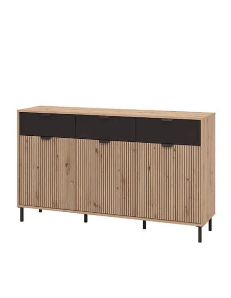 Martinique Artisan Oak Effect Slatted And Black 3 Door Sideboard, 3419
