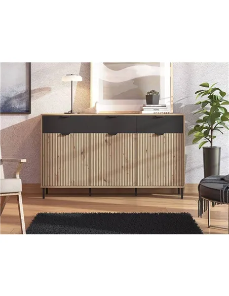 Martinique Artisan Oak Effect Slatted And Black 3 Door Sideboard, 3419