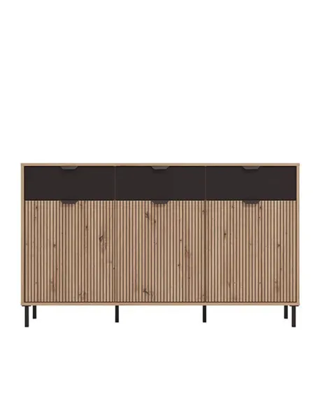 Martinique Artisan Oak Effect Slatted And Black 3 Door Sideboard, 3419