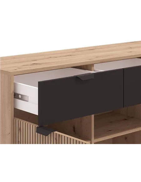 Martinique Artisan Oak Effect Slatted And Black 3 Door Sideboard, 3419