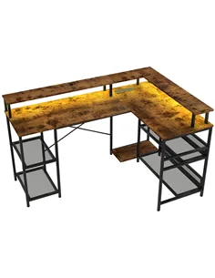 HOMCOM LED Light 'L' Computer Desk, with Shelves - Brown