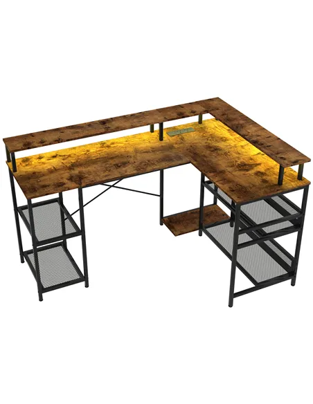 HOMCOM LED Light 'L' Computer Desk, with Shelves - Brown