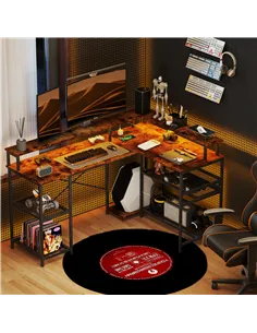 HOMCOM LED Light 'L' Computer Desk, with Shelves - Brown 2