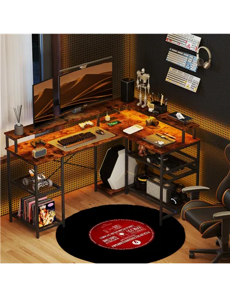 HOMCOM LED Light 'L' Computer Desk, with Shelves - Brown