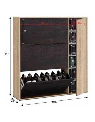 Marcos Oak Effect And Oxido Dark Brown Shoe Cabinet with 4 Doors, 3232