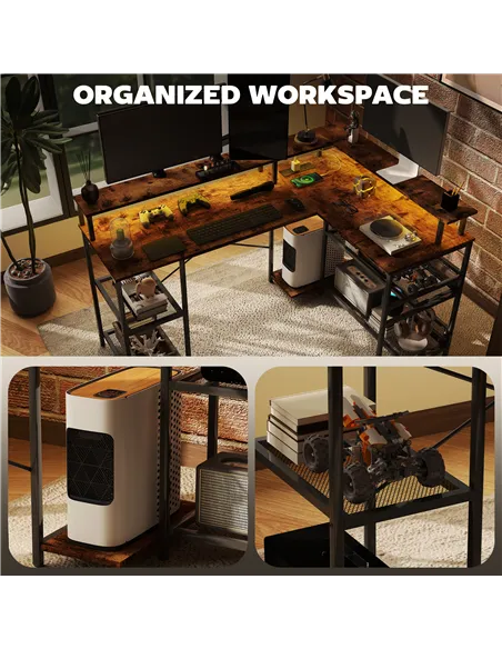 HOMCOM LED Light 'L' Computer Desk, with Shelves - Brown