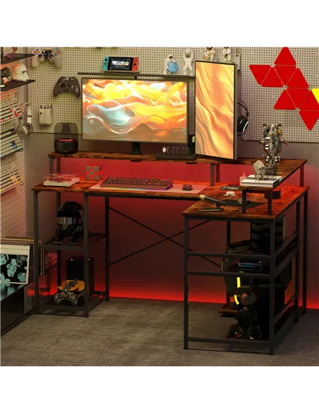 HOMCOM LED Light 'L' Computer Desk, with Shelves - Brown