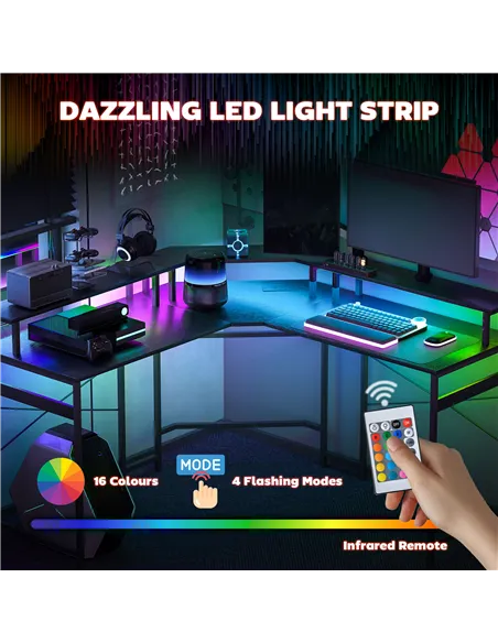 HOMCOM 'L' Shaped Work Desk, with LED Lights - Black