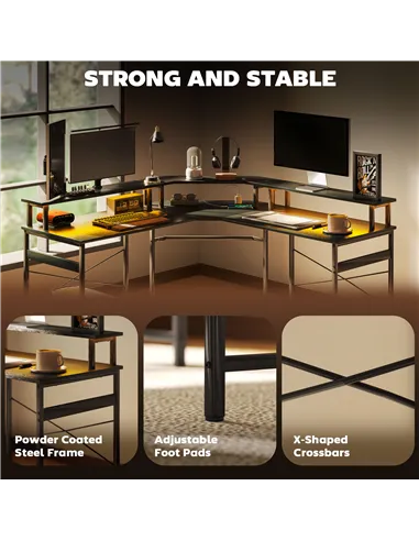 HOMCOM 'L' Shaped Work Desk, with LED Lights - Black