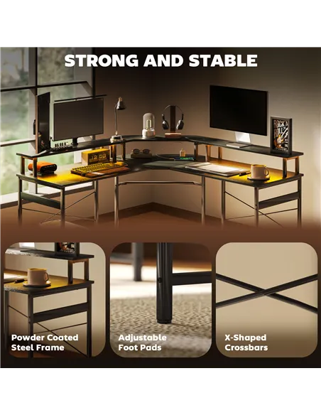HOMCOM 'L' Shaped Work Desk, with LED Lights - Black